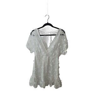 Native Daughters White Star Embroidered Mesh Mini Dress V Neck Size Medium